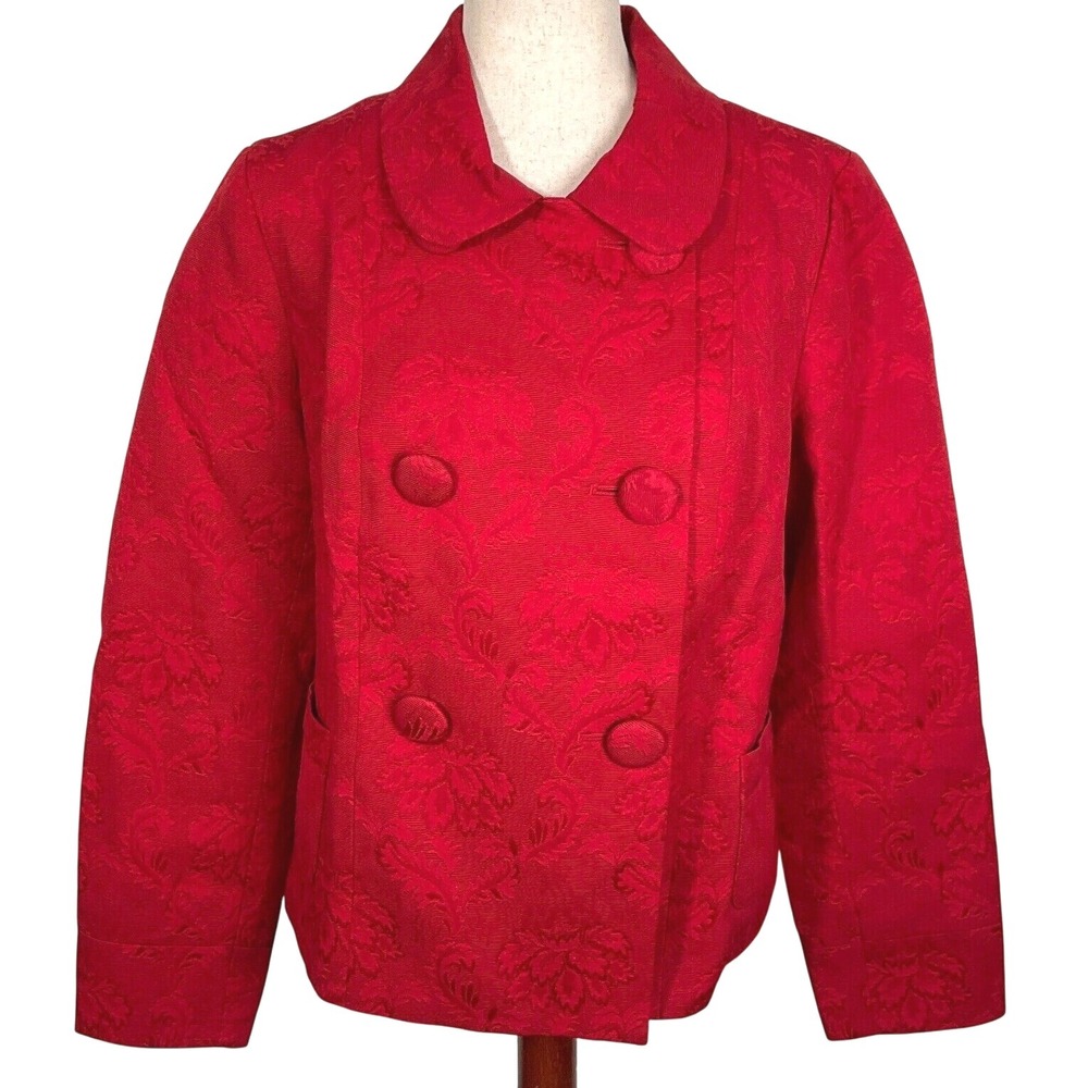 Talbots Jacket Women L Red Jacquard Floral Double Breasted Button Party‎ Formal